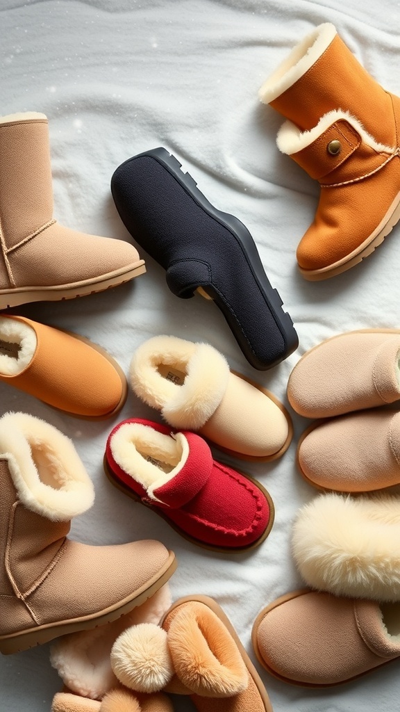 A collection of UGG boots and slippers displayed on a winter-themed background with snowflakes.